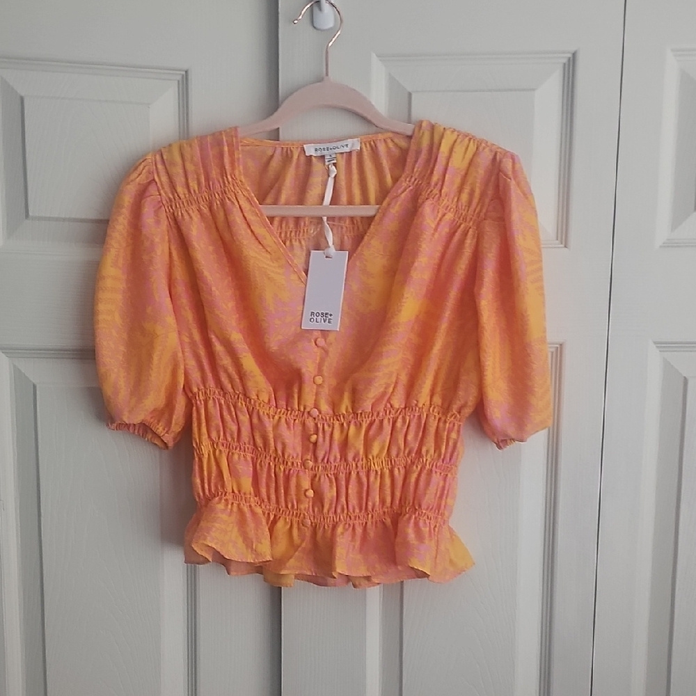 Pink Rose Women's Vibrant Orange Smocked Blouse.  #0488